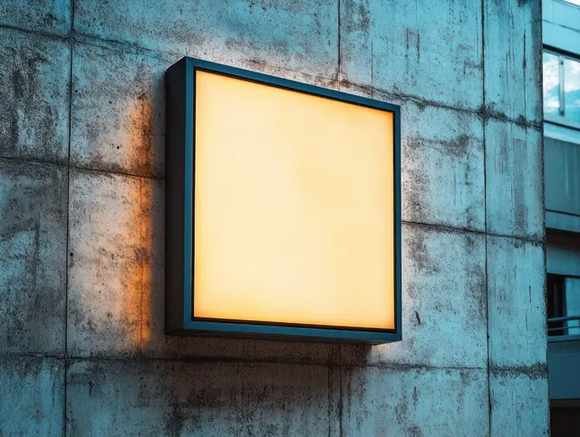 A glowing square light box casts a warm light on a weathered concrete wall in a blue-toned urban evening setting.