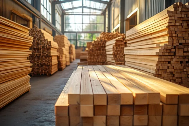 Rows of stacked wooden beams and planks inside a sunlit warehouse with large window light.