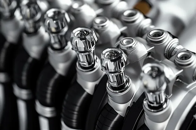 Row of polished chrome cylindrical mechanical fittings with threaded tips reflecting light on a metal bench.