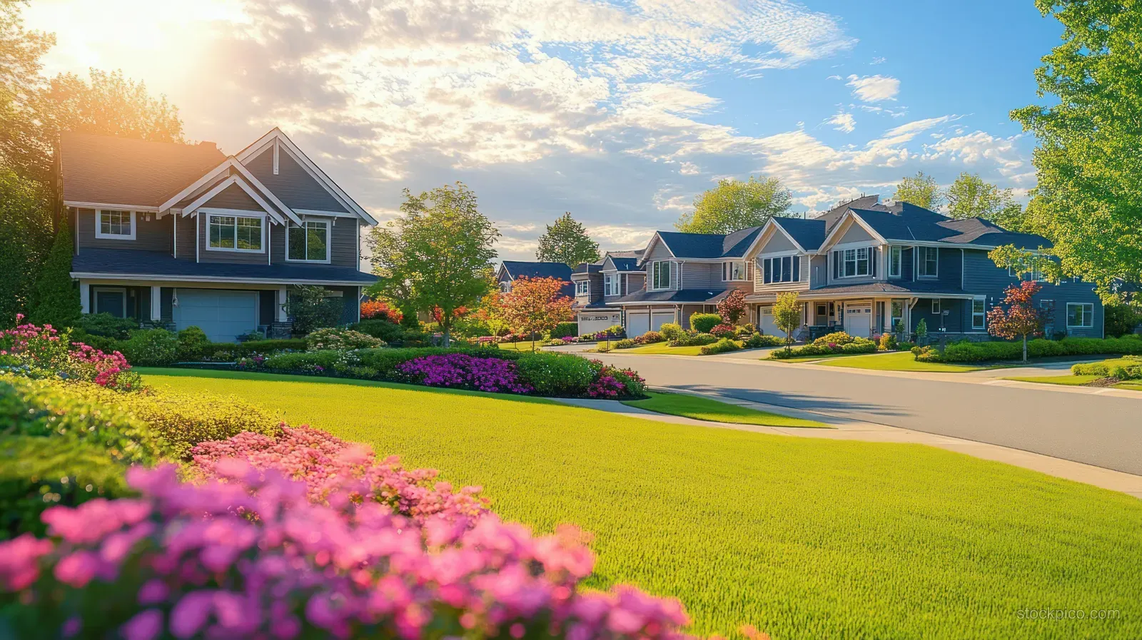 Modern suburban houses line a quiet street with blooming flowerbeds and green lawns under partly cloudy daylight.