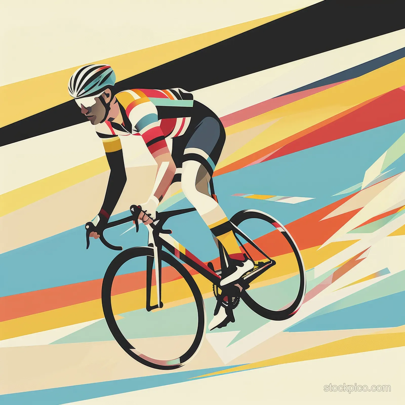 A minimalist cyclist leans forward racing on a track with colorful geometric motion stripes behind.
