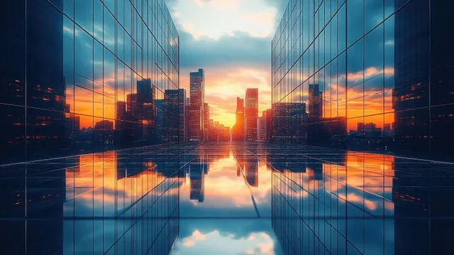 Glass skyscrapers mirror a colorful sunset in calm water, creating symmetrical reflections across a city skyline.
