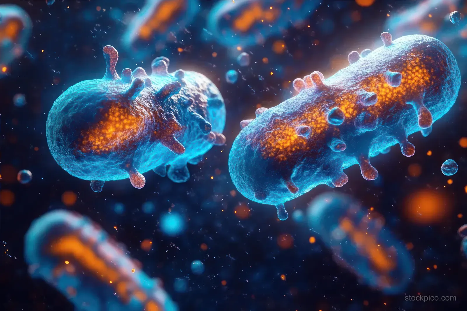 Blue and orange rod-shaped bacteria float in a dark scene surrounded by glowing particles.