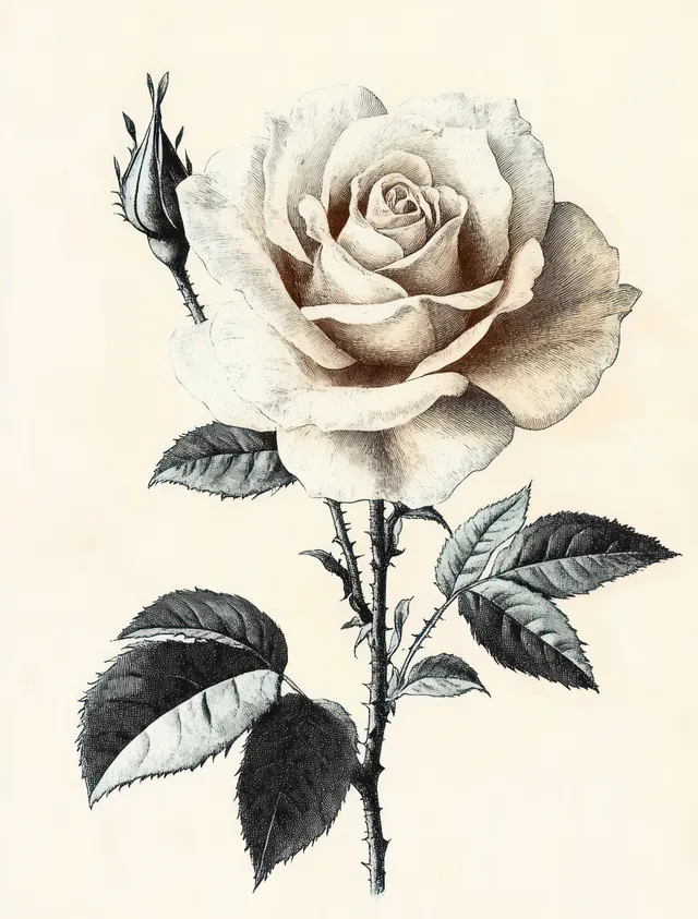 Vintage rose bloom with bud and thorny stem botanical illustration