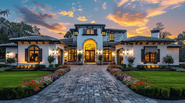 Luxury Spanish Colonial Mansion Exterior at Sunset