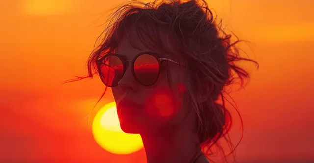 Silhouetted woman wearing sunglasses and a messy bun with a bright orange-red eclipse glow in the background.