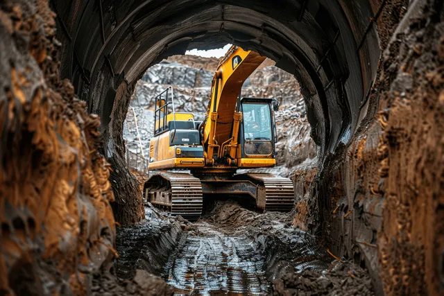 Excavator bucket digging a trench inside tunnel during construction, wide-angle view