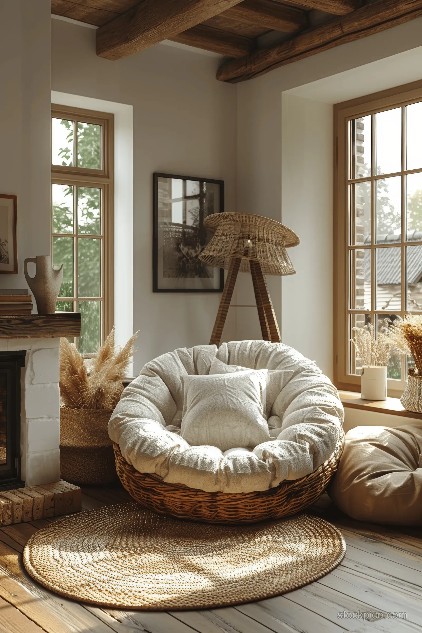 Sunlit living room with a beige bean bag chair, rattan lamp, and woven rug on a wooden floor.