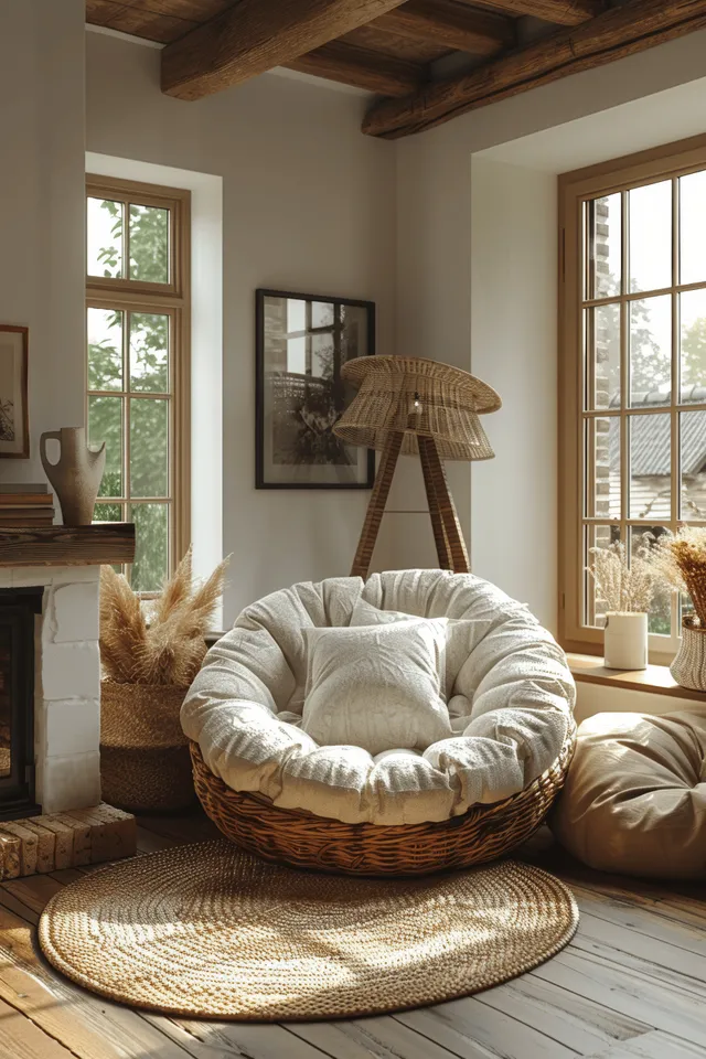Sunlit living room with a beige bean bag chair, rattan lamp, and woven rug on a wooden floor.