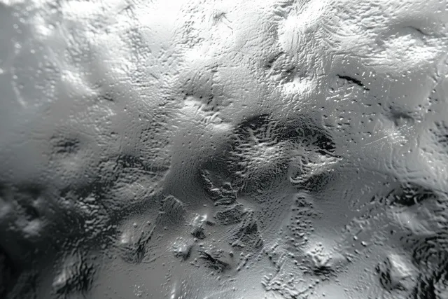 Silver metallic surface with water drops and glassy glare on textured grey background