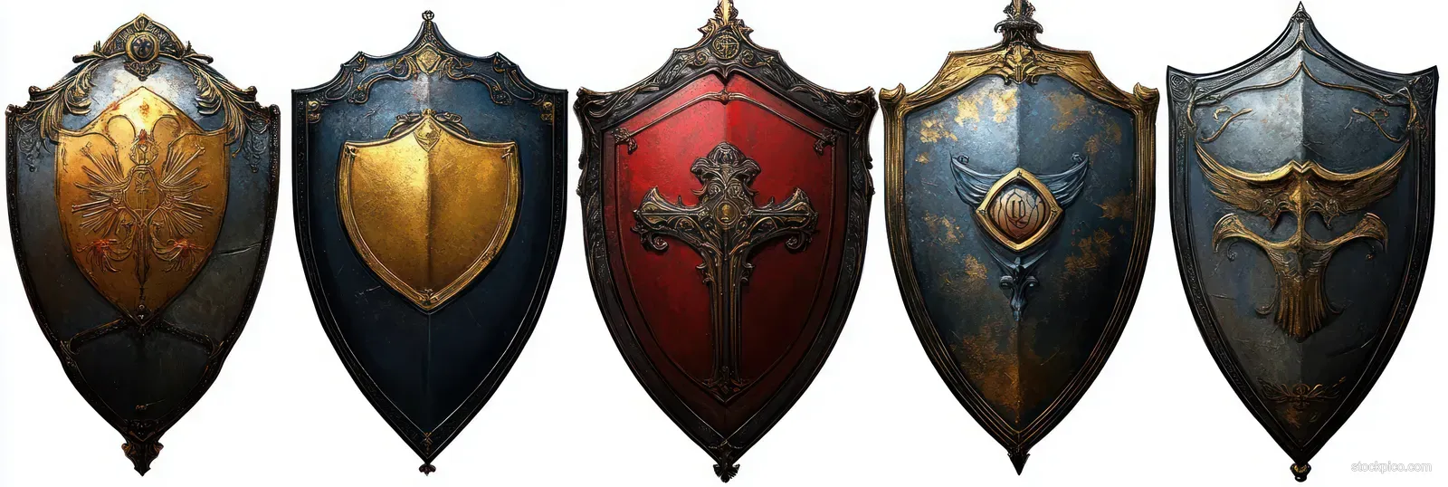 Five medieval heraldic shields with gold crests, a cross, and colored metal backgrounds are displayed side by side.