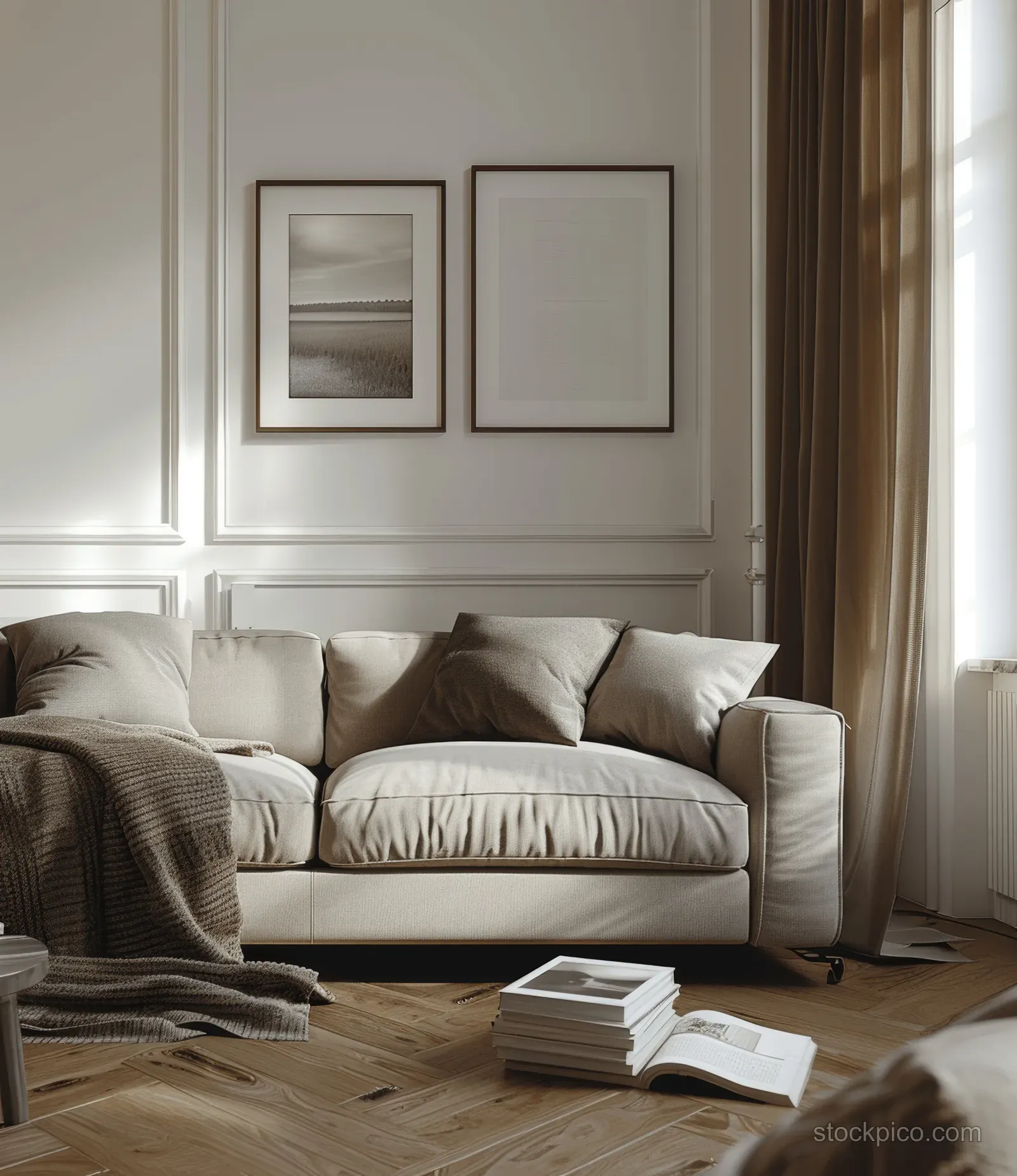 Gray sofa in a neutral living room with dark parquet floor, framed pictures, and open curtains letting in daylight.
