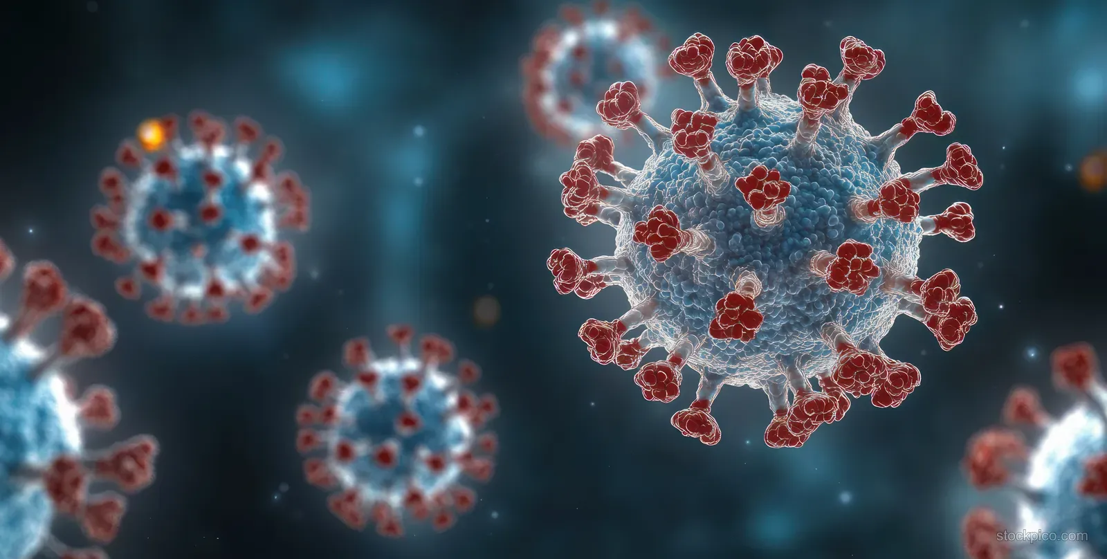 Coronavirus particles floating on a dark background with detailed spike structures.