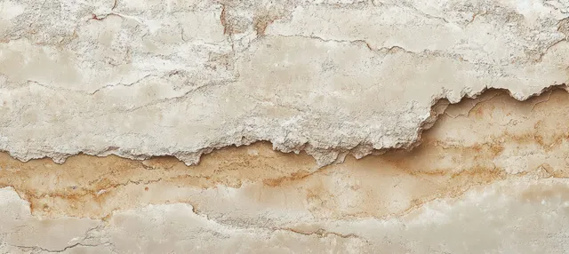 Close-up of cracked peeling paint on a weathered wall with exposed layered plaster and earthy stains.