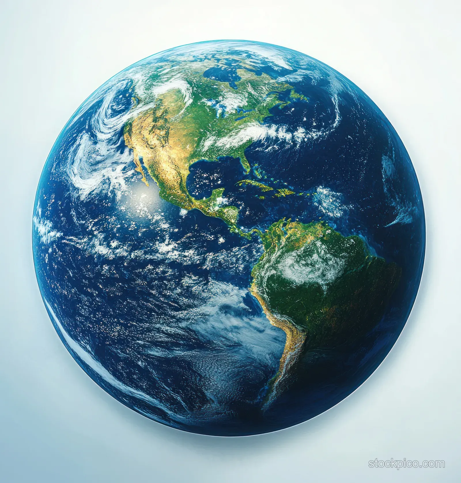 Earth globe floating in space with the Americas visible, showing blue oceans, green land, and sunlight shadows.