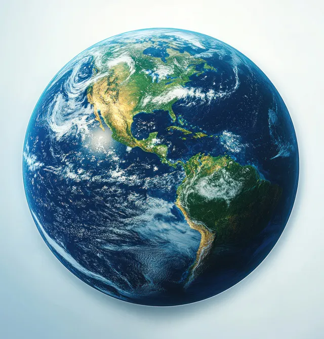 Earth globe floating in space with the Americas visible, showing blue oceans, green land, and sunlight shadows.