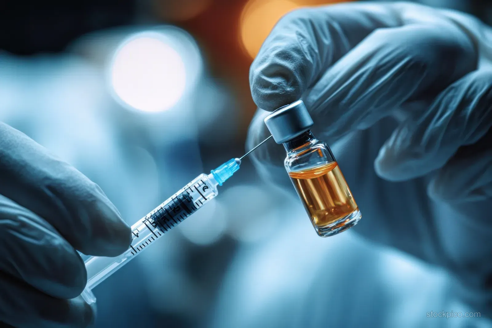 Gloved hands prepare a vaccine syringe beside a glass ampoule in a clinic under soft natural light.