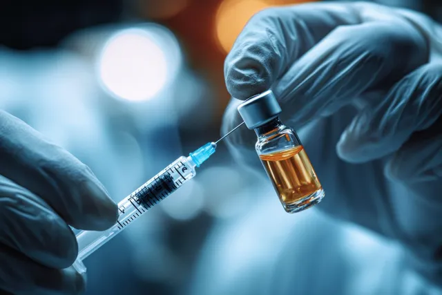 Gloved hands prepare a vaccine syringe beside a glass ampoule in a clinic under soft natural light.
