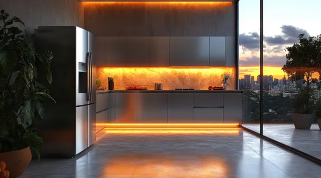Blank square magnet on stainless steel refrigerator side, kitchen interior view