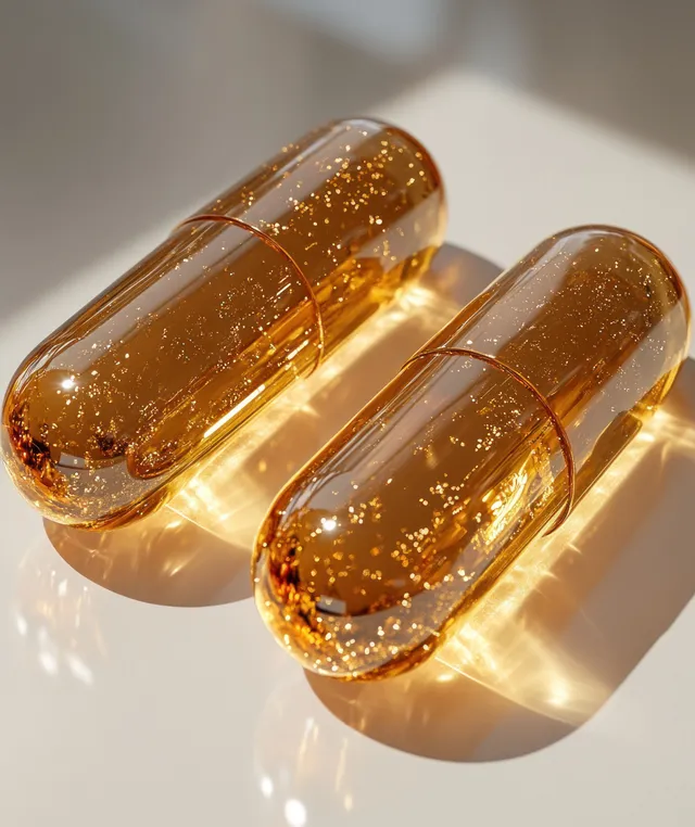 Two translucent amber fish oil gel capsules resting on a white reflective background under studio lighting.