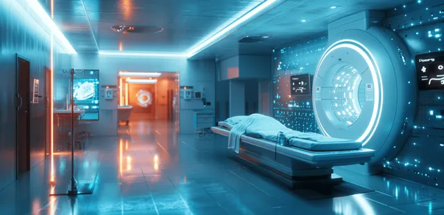 Futuristic hospital MRI scanner surrounds patient bed with holographic diagnostic data screens