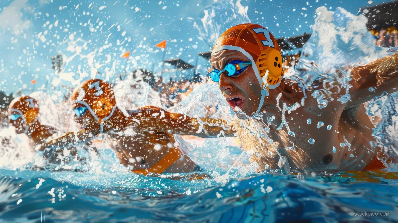 A water polo player splashes forward in a pool, surrounded by teammates and opposing players.