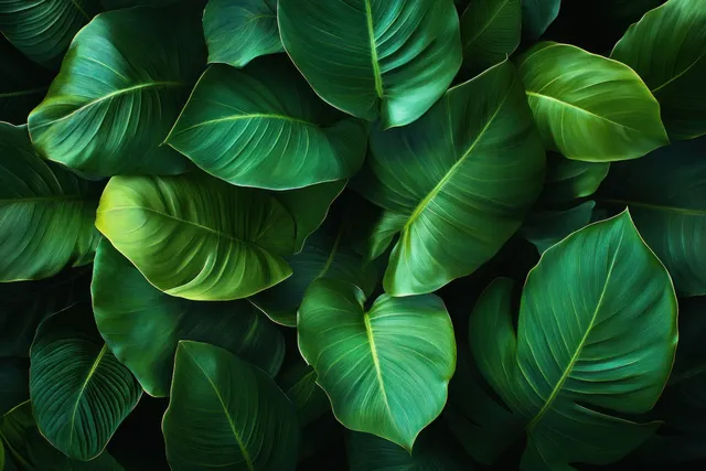 Tropical green banana leaves close-up filling the frame with glossy veins and deep shadows