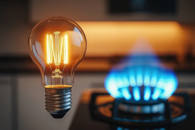 Warm glowing light bulb in front of a softly blurred blue gas stove flame in a kitchen.