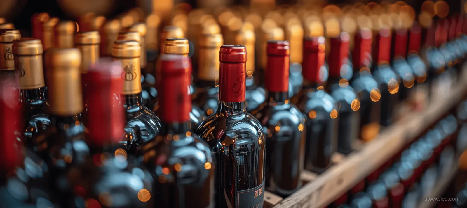 Wooden wine rack in a dark cellar lined with red and white bottles with cork tops.