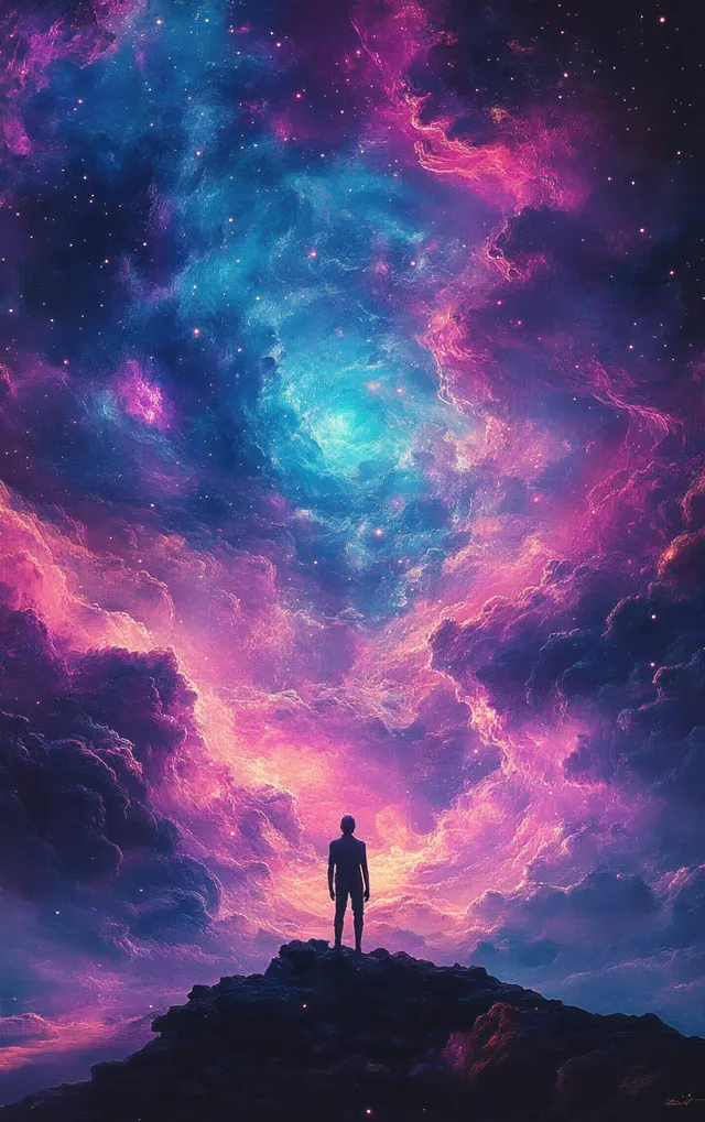 Silhouette figure standing on rocky hilltop under swirling blue and purple nebula sky