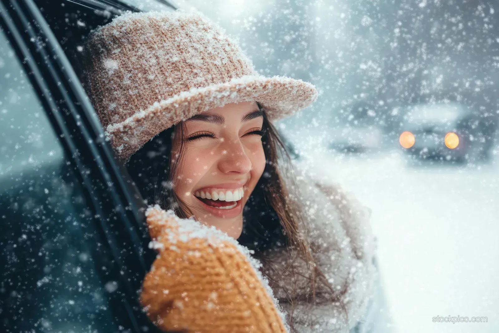 Woman wearing a wide-brim hat laughs while viewing heavy snowfall from inside a snowy car window.