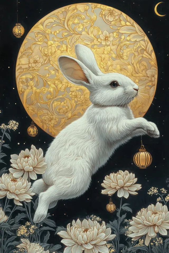 A white rabbit holds a glowing lantern while jumping above blooming flowers beneath an ornate golden moon at night.
