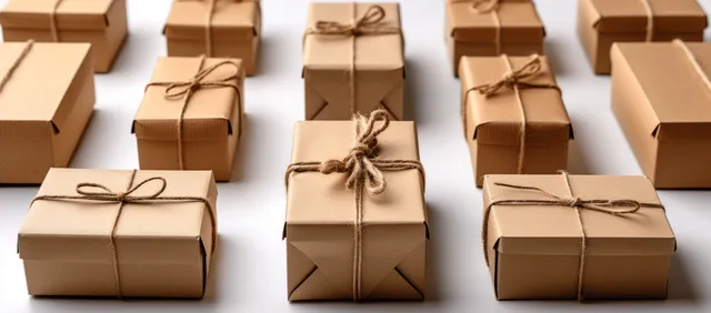 Several brown cardboard shipping boxes tied with twine are arranged on a white background.