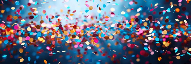 Colorful confetti bursts across blue background with empty space for festive greeting text