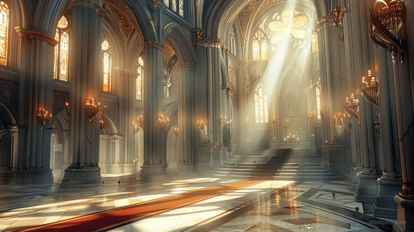 Gothic cathedral interior with high stone arches and golden ornaments, sunbeams falling onto a marble floor.
