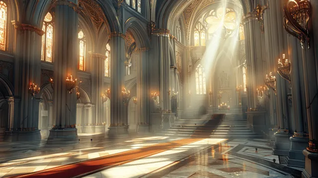 Gothic cathedral interior with high stone arches and golden ornaments, sunbeams falling onto a marble floor.