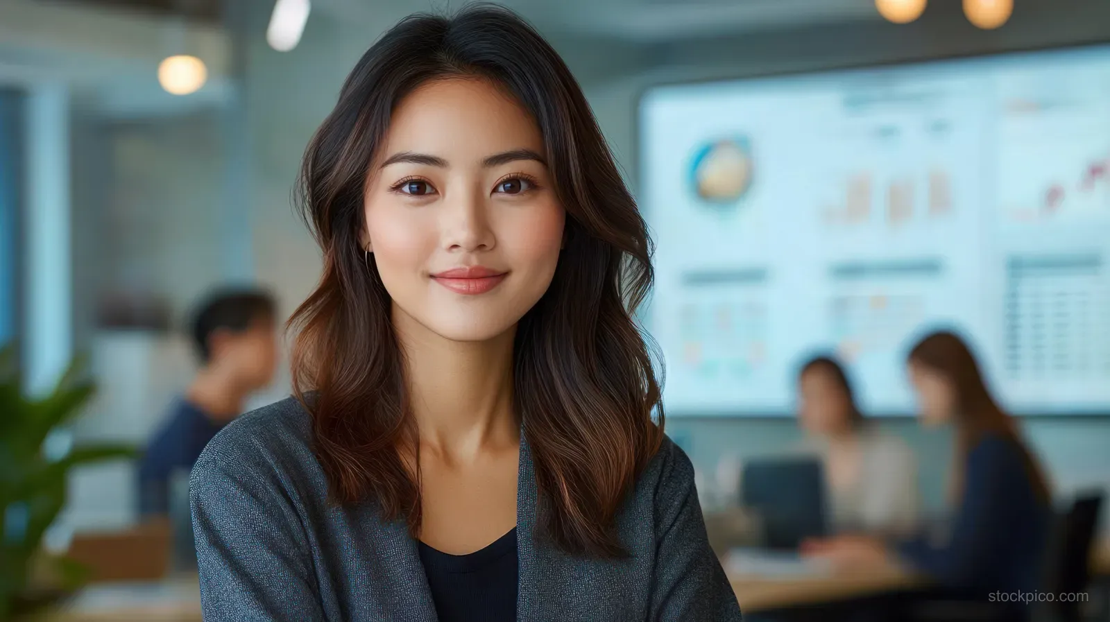 Smiling woman in a modern office with blurred colleagues and a presentation screen behind her.