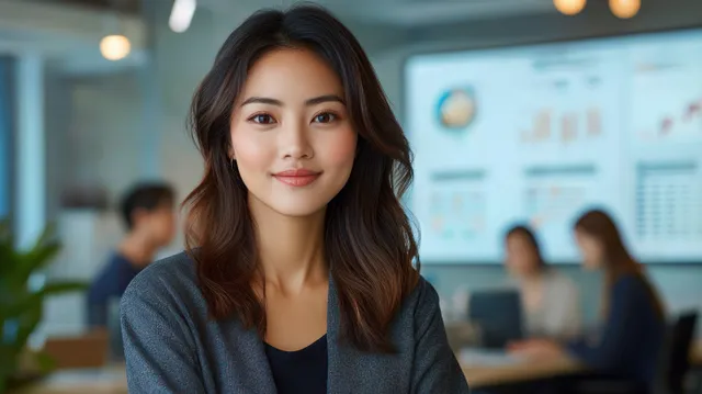 Smiling woman in a modern office with blurred colleagues and a presentation screen behind her.