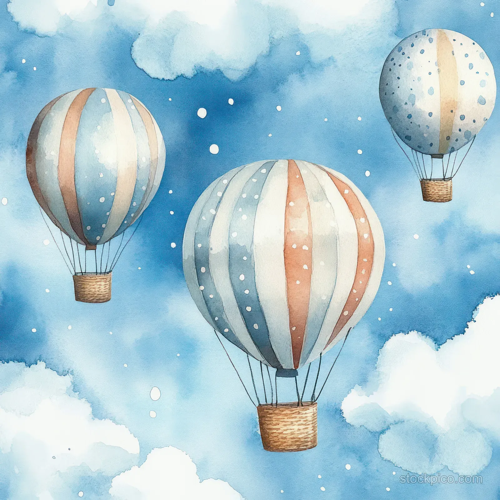 Watercolor hot air balloons floating in a blue sky with fluffy clouds.