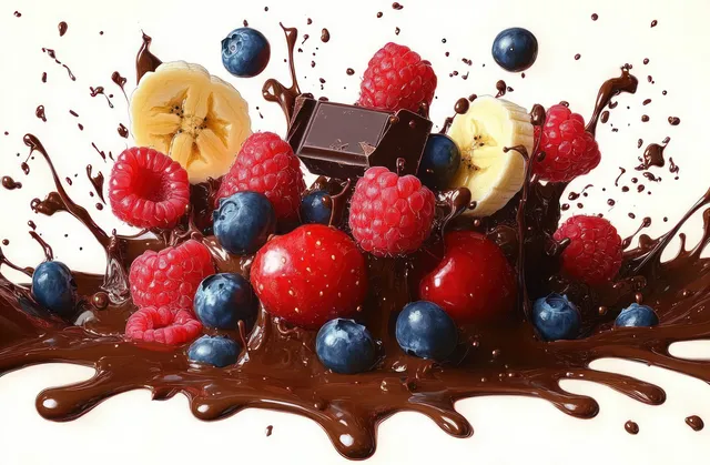 Mixed berries and banana slices are splashed with melted dark chocolate around a dark chocolate bar piece.