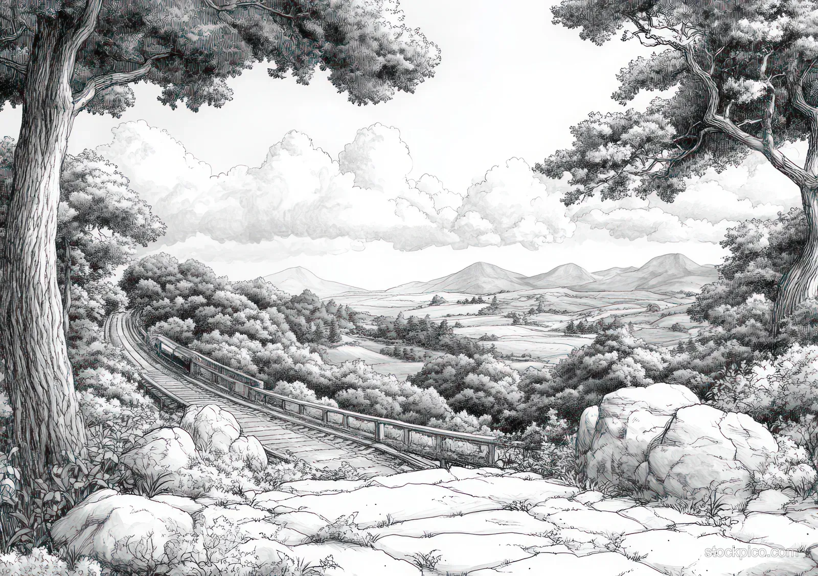 An ink sketch shows a rural train crossing a stone bridge on a winding track through trees, fields, and distant hills.