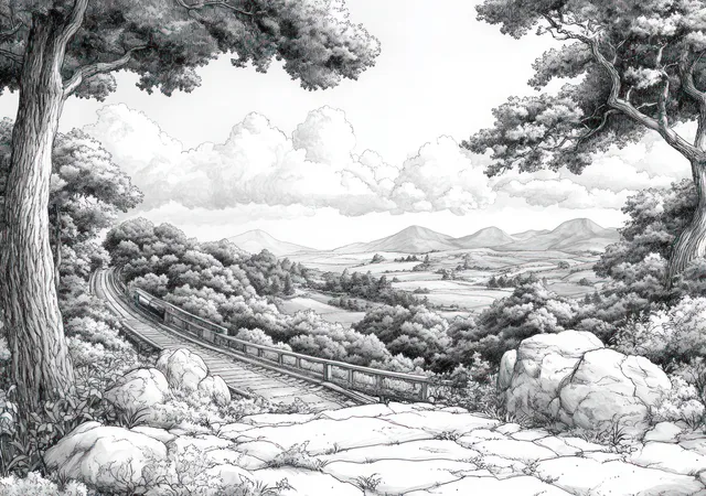 An ink sketch shows a rural train crossing a stone bridge on a winding track through trees, fields, and distant hills.