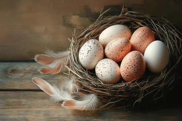 Rustic bird nest with speckled and plain eggs, soft feathers on wooden boards