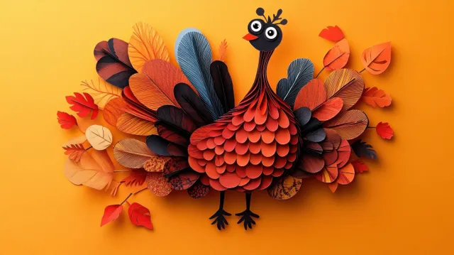 A layered paper craft turkey with multicolored feathers and cut-out autumn leaf shapes on an orange background.
