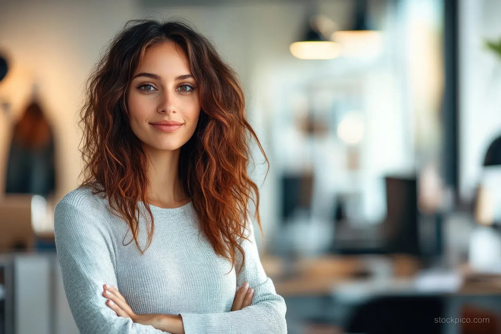 Smiling young businesswoman with arms crossed in a modern office with softly blurred desks behind her.