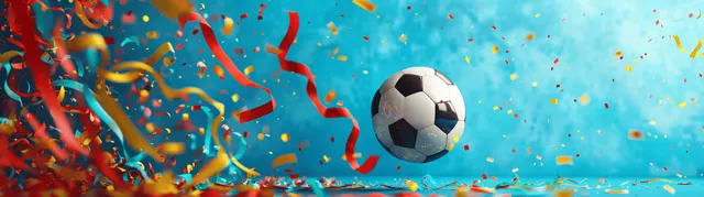 A soccer ball hovers above colorful confetti and red streamers on a blue celebration background.