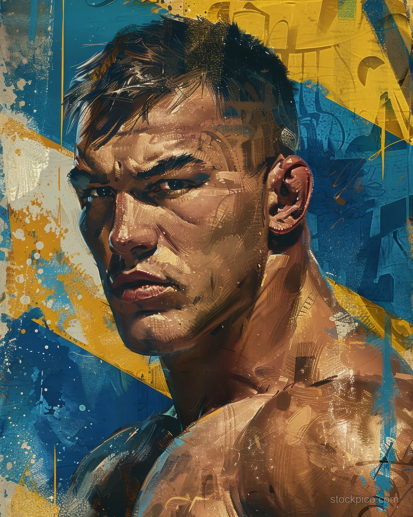 A Kazakhstan freestyle wrestler portrait with an intense sideward gaze and blue-gold textured backdrop.