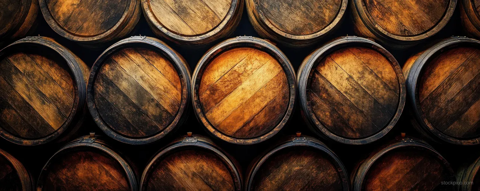 Close-up of stacked wooden barrels with metal hoops and aged oak grain in warm orange-brown tones.