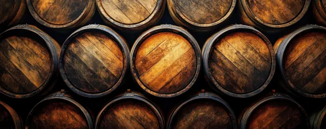 Close-up of stacked wooden barrels with metal hoops and aged oak grain in warm orange-brown tones.
