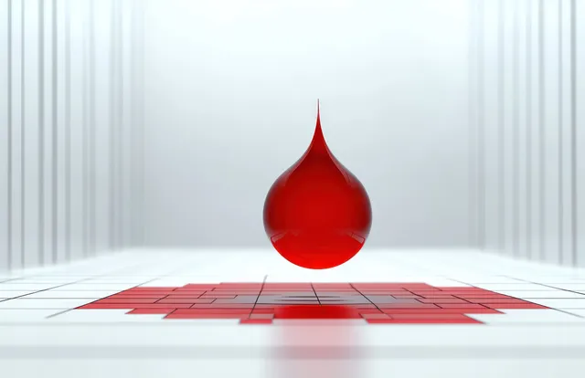 A glossy red droplet floats above a white grid surface with red squares in a clean minimalist room.